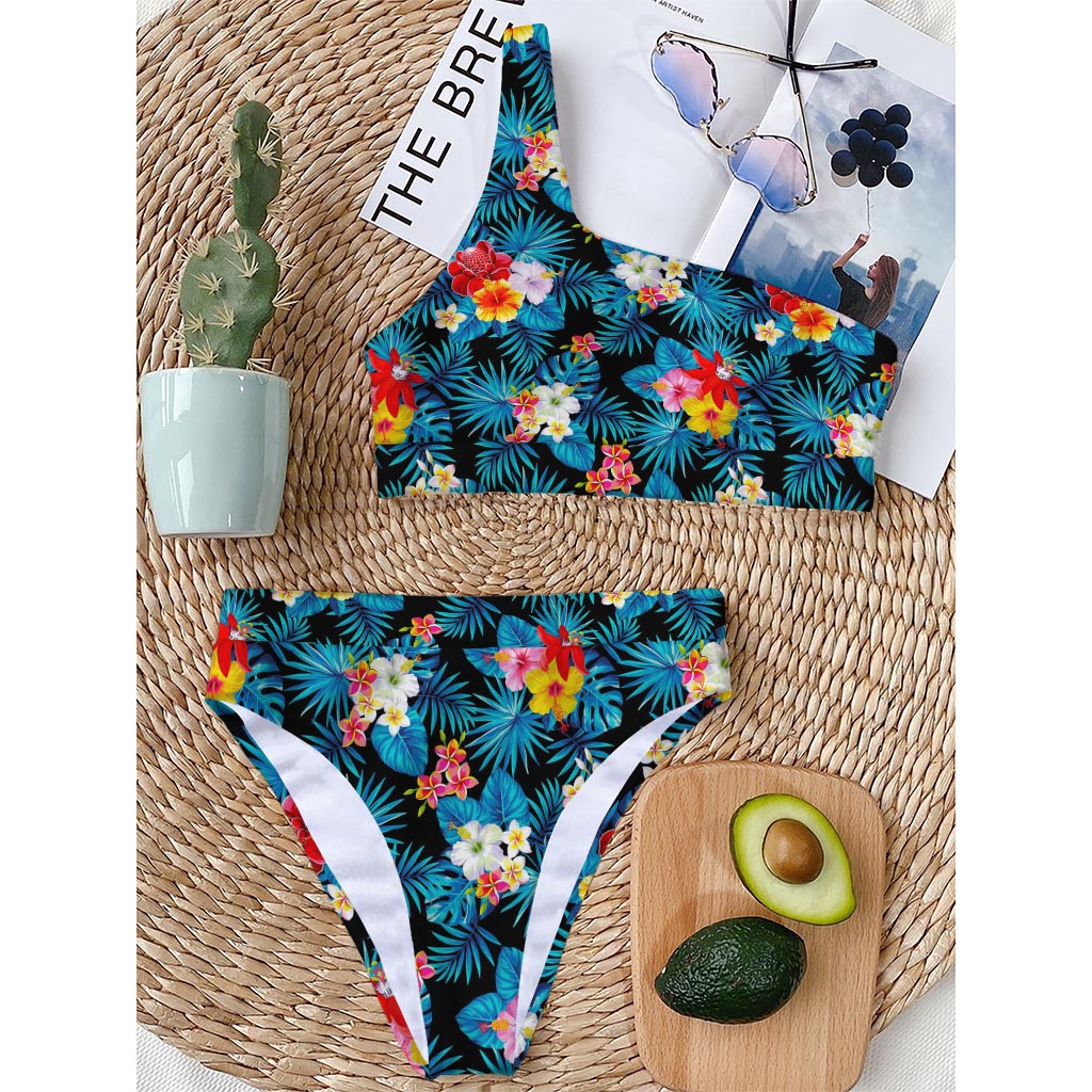 Turquoise Tropical Hawaii Pattern Print One Shoulder Bikini Top