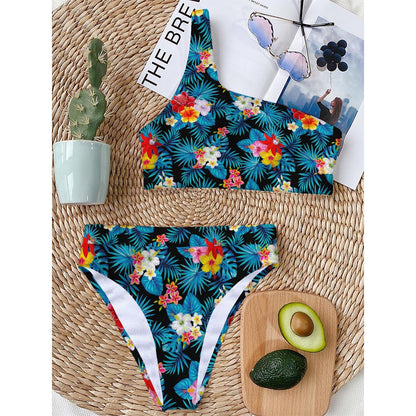 Turquoise Tropical Hawaii Pattern Print One Shoulder Bikini Top