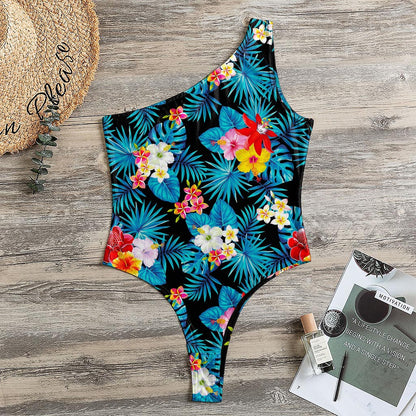 Turquoise Tropical Hawaii Pattern Print One Shoulder Bodysuit
