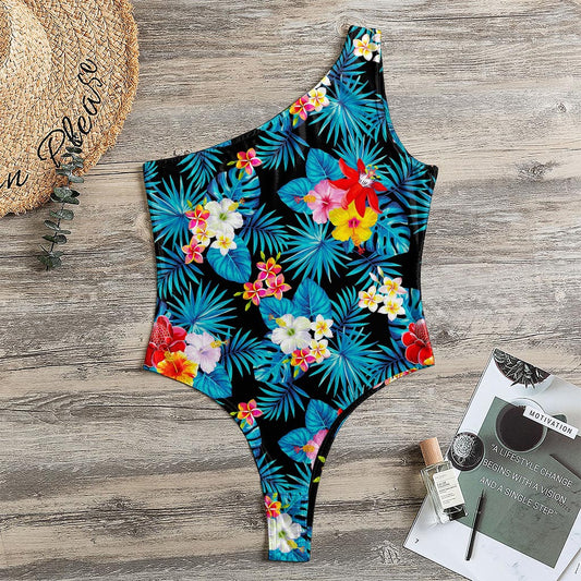 Turquoise Tropical Hawaii Pattern Print One Shoulder Bodysuit