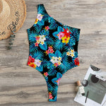 Turquoise Tropical Hawaii Pattern Print One Shoulder Bodysuit