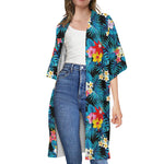 Turquoise Tropical Hawaii Pattern Print Open Front Beach Cover Up