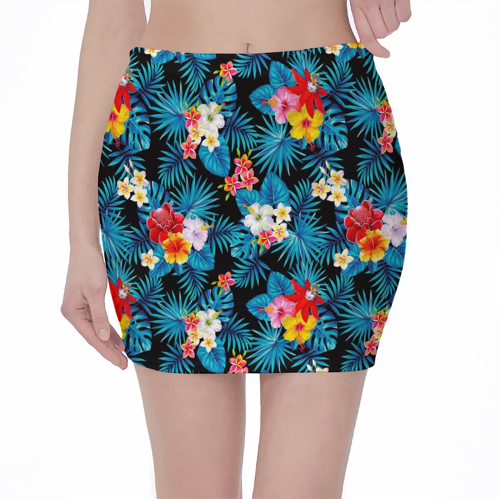 Turquoise Tropical Hawaii Pattern Print Pencil Mini Skirt