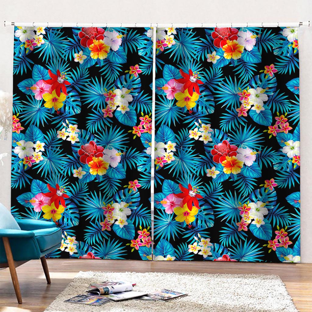 Turquoise Tropical Hawaii Pattern Print Pencil Pleat Curtains