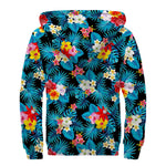 Turquoise Tropical Hawaii Pattern Print Sherpa Lined Zip Up Hoodie