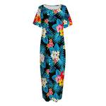 Turquoise Tropical Hawaii Pattern Print Short Sleeve Long Nightdress