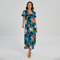 Turquoise Tropical Hawaii Pattern Print Short Sleeve Maxi Dress