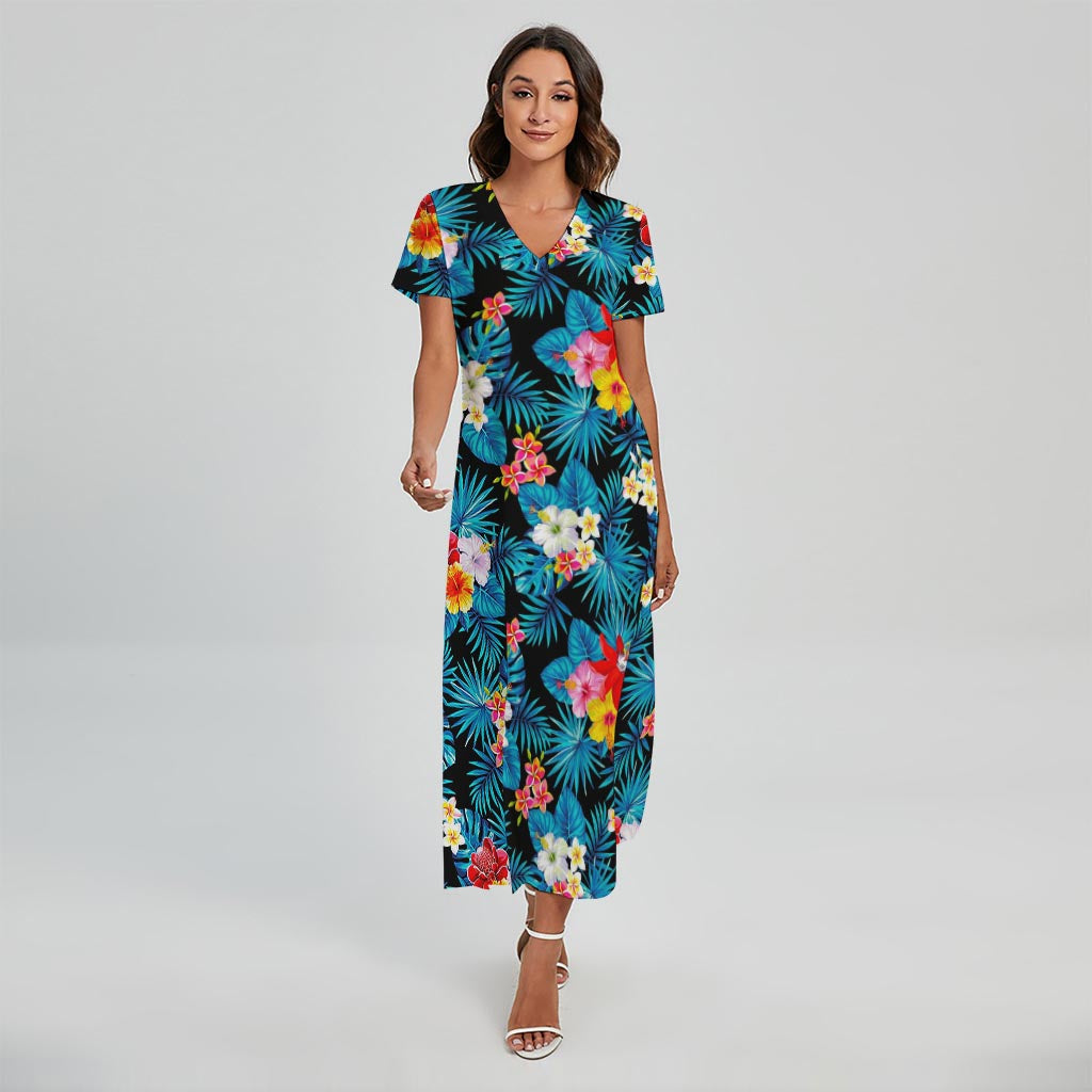 Turquoise Tropical Hawaii Pattern Print Short Sleeve Maxi Dress