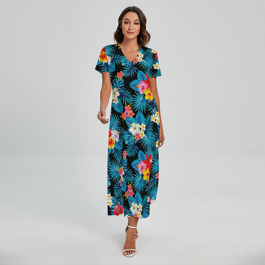 Turquoise Tropical Hawaii Pattern Print Short Sleeve Maxi Dress