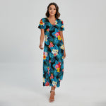Turquoise Tropical Hawaii Pattern Print Short Sleeve Maxi Dress