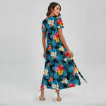 Turquoise Tropical Hawaii Pattern Print Short Sleeve Maxi Dress