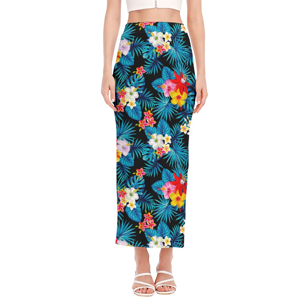 Turquoise Tropical Hawaii Pattern Print Side Slit Maxi Skirt