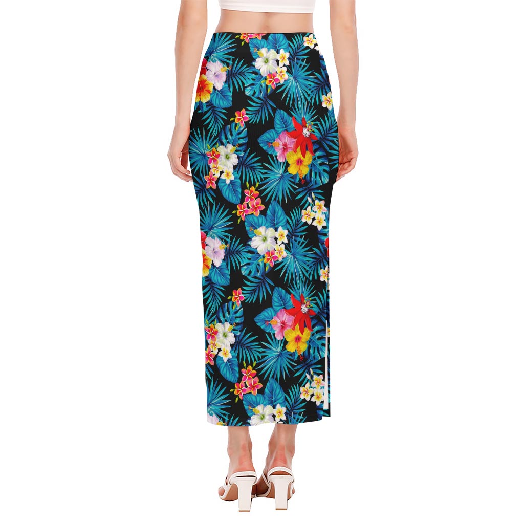 Turquoise Tropical Hawaii Pattern Print Side Slit Maxi Skirt