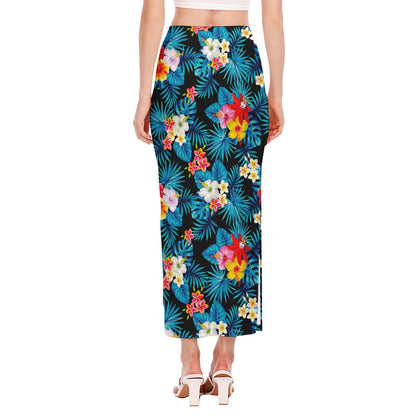 Turquoise Tropical Hawaii Pattern Print Side Slit Maxi Skirt