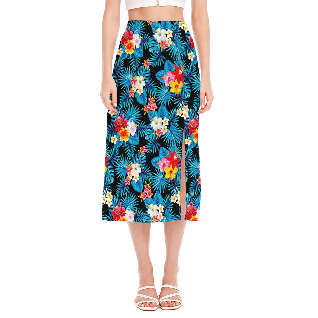Turquoise Tropical Hawaii Pattern Print Side Slit Midi Skirt