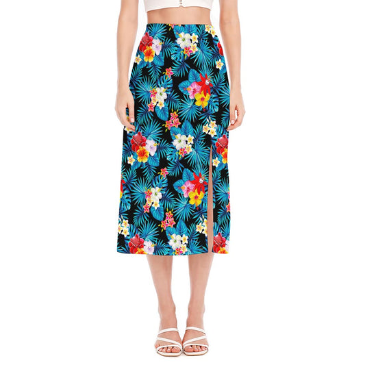 Turquoise Tropical Hawaii Pattern Print Side Slit Midi Skirt