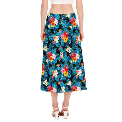 Turquoise Tropical Hawaii Pattern Print Side Slit Midi Skirt