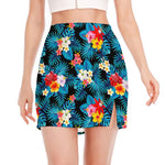 Turquoise Tropical Hawaii Pattern Print Side Slit Mini Skirt