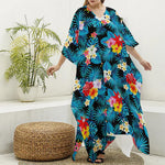 Turquoise Tropical Hawaii Pattern Print Silk V-Neck Kaftan Dress