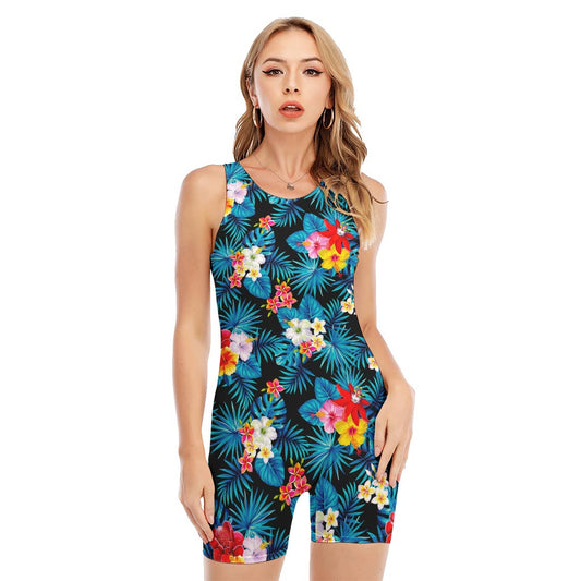 Turquoise Tropical Hawaii Pattern Print Sleeveless One Piece Swimsuit