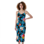 Turquoise Tropical Hawaii Pattern Print Slim Fit Midi Cami Dress