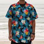 Turquoise Tropical Hawaii Pattern Print Textured Short Sleeve Shirt