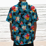 Turquoise Tropical Hawaii Pattern Print Textured Short Sleeve Shirt