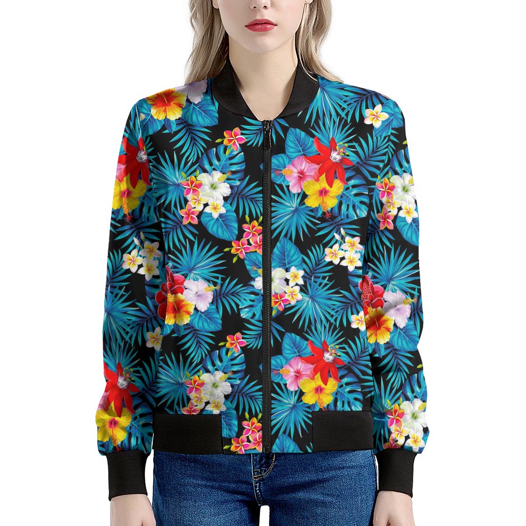 Turquoise Tropical Hawaii Pattern Print Women's Bomber Jacket
