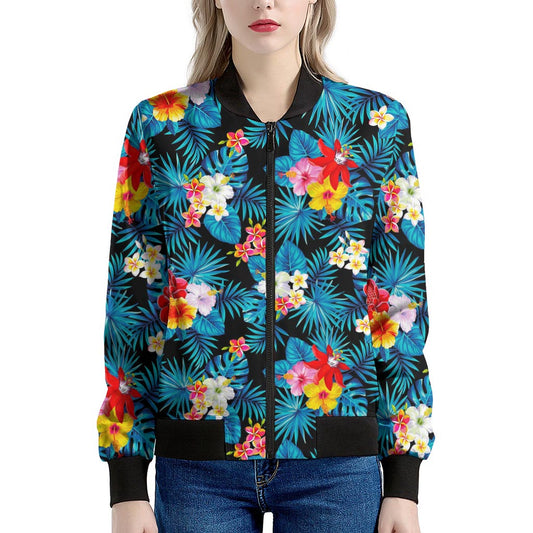 Turquoise Tropical Hawaii Pattern Print Women's Bomber Jacket