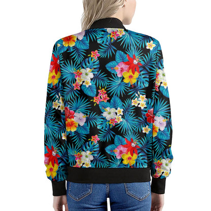 Turquoise Tropical Hawaii Pattern Print Women's Bomber Jacket