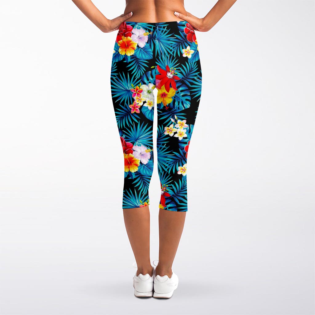 Turquoise Tropical Hawaii Pattern Print Women's Capri Leggings
