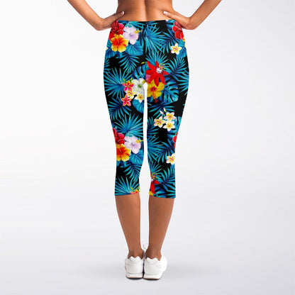 Turquoise Tropical Hawaii Pattern Print Women's Capri Leggings