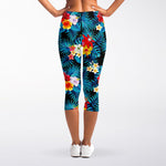 Turquoise Tropical Hawaii Pattern Print Women's Capri Leggings