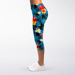 Turquoise Tropical Hawaii Pattern Print Women's Capri Leggings