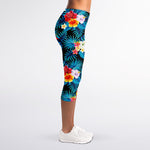 Turquoise Tropical Hawaii Pattern Print Women's Capri Leggings