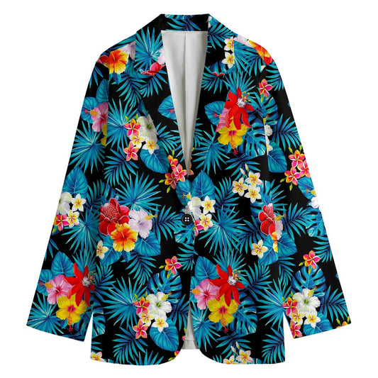 Turquoise Tropical Hawaii Pattern Print Women's Cotton Blazer