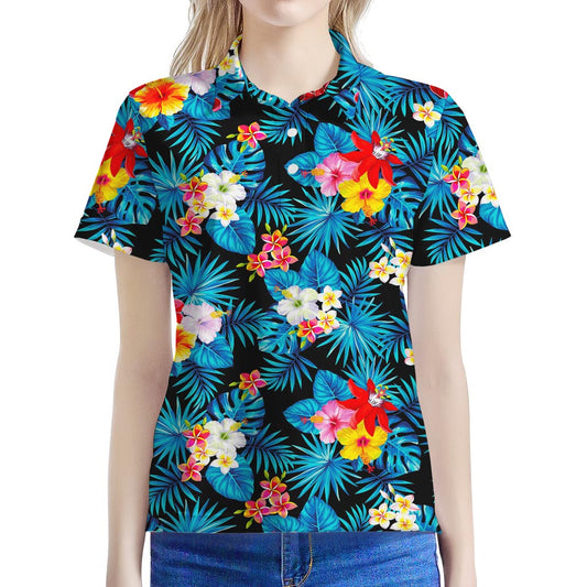Turquoise Tropical Hawaii Pattern Print Women's Polo Shirt