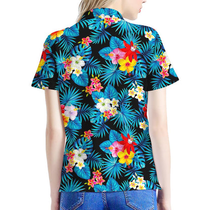 Turquoise Tropical Hawaii Pattern Print Women's Polo Shirt