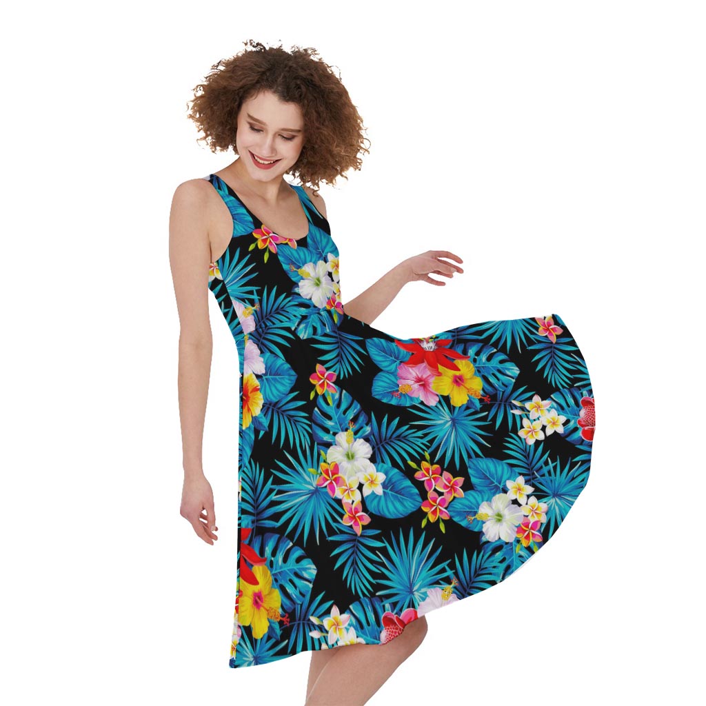 Turquoise Tropical Hawaii Pattern Print Women's Sleeveless Dress