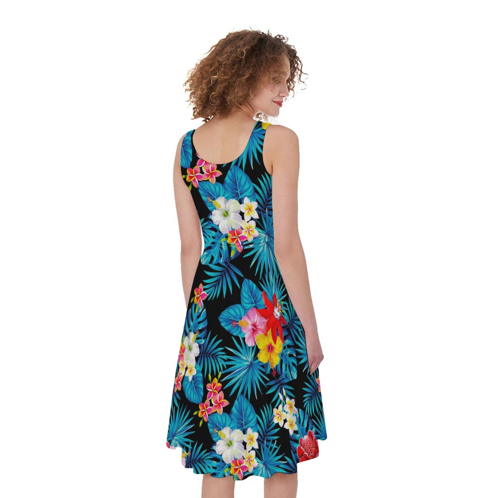 Turquoise Tropical Hawaii Pattern Print Women's Sleeveless Dress