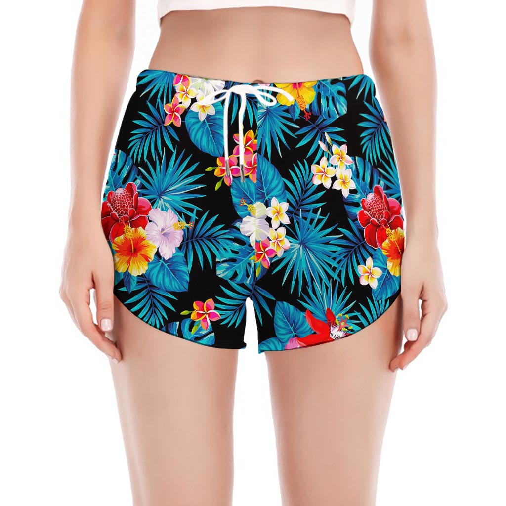 Turquoise Tropical Hawaii Pattern Print Women's Split Running Shorts
