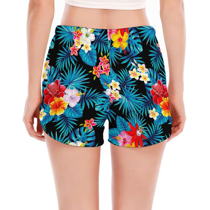 Turquoise Tropical Hawaii Pattern Print Women's Split Running Shorts