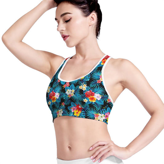 Turquoise Tropical Hawaii Pattern Print Women's Sports Bra