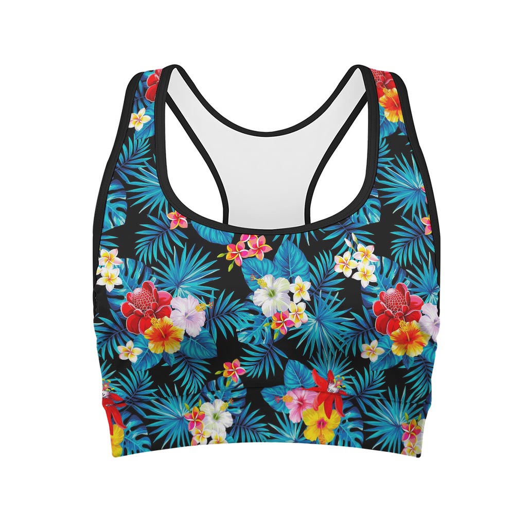Turquoise Tropical Hawaii Pattern Print Women's Sports Bra