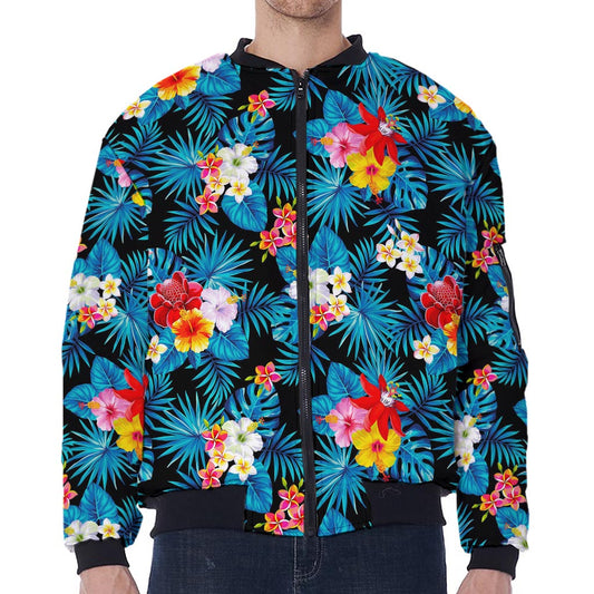 Turquoise Tropical Hawaii Pattern Print Zip Sleeve Bomber Jacket