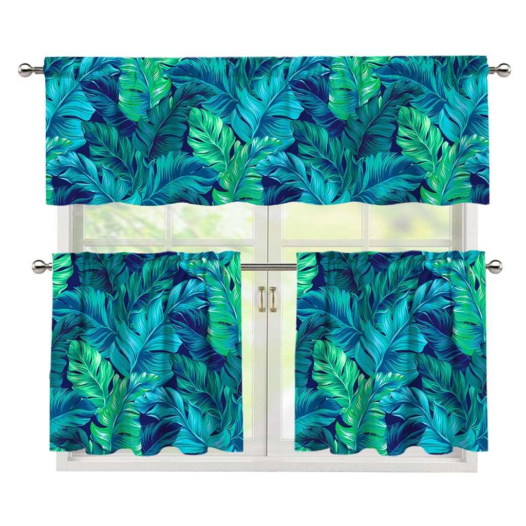 Turquoise Tropical Leaf Pattern Print 3 Piece Kitchen Curtains