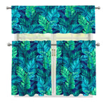 Turquoise Tropical Leaf Pattern Print 3 Piece Kitchen Curtains