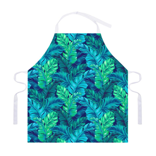 Turquoise Tropical Leaf Pattern Print Adjustable Apron