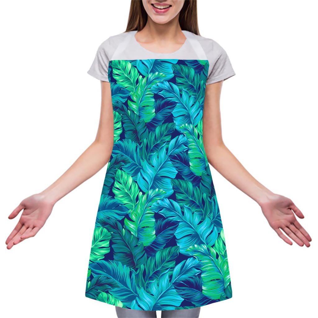 Turquoise Tropical Leaf Pattern Print Adjustable Apron