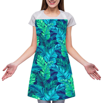 Turquoise Tropical Leaf Pattern Print Adjustable Apron